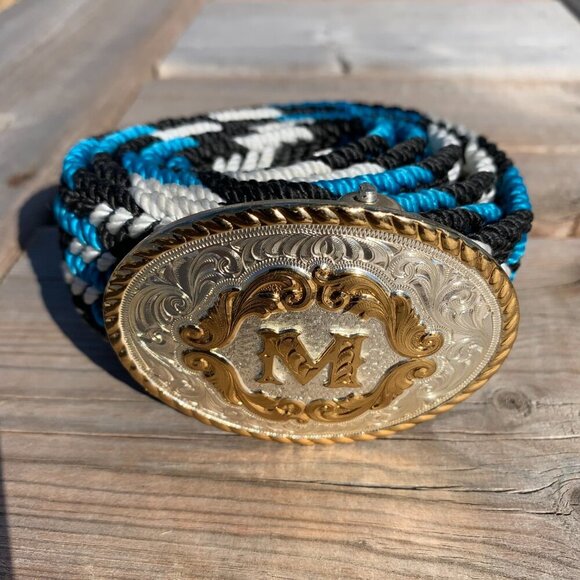 Vintage Montana Silversmiths Silver Engraved Gold Initial Buckle Braided Belt - Picture 2 of 13